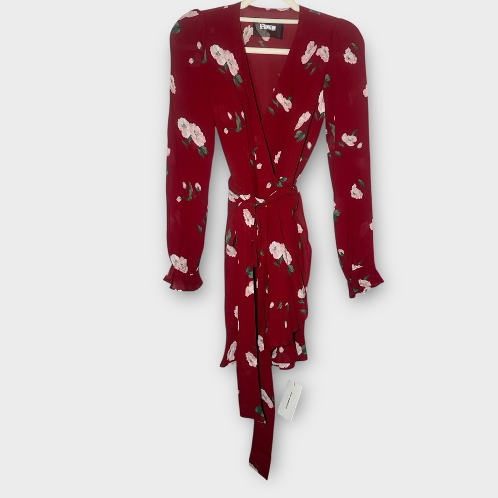 NWT Reformation Whitby Floral Wrap Long Sleeve Mini Wrap Dress | Medium Petites